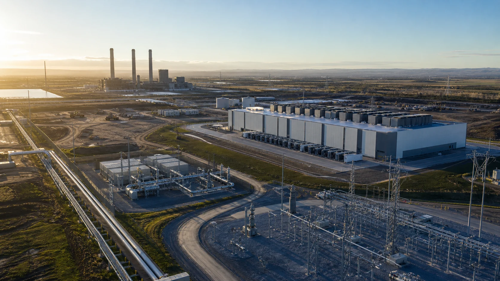 Large data-center campus with electrical and natural-gas infrastructure